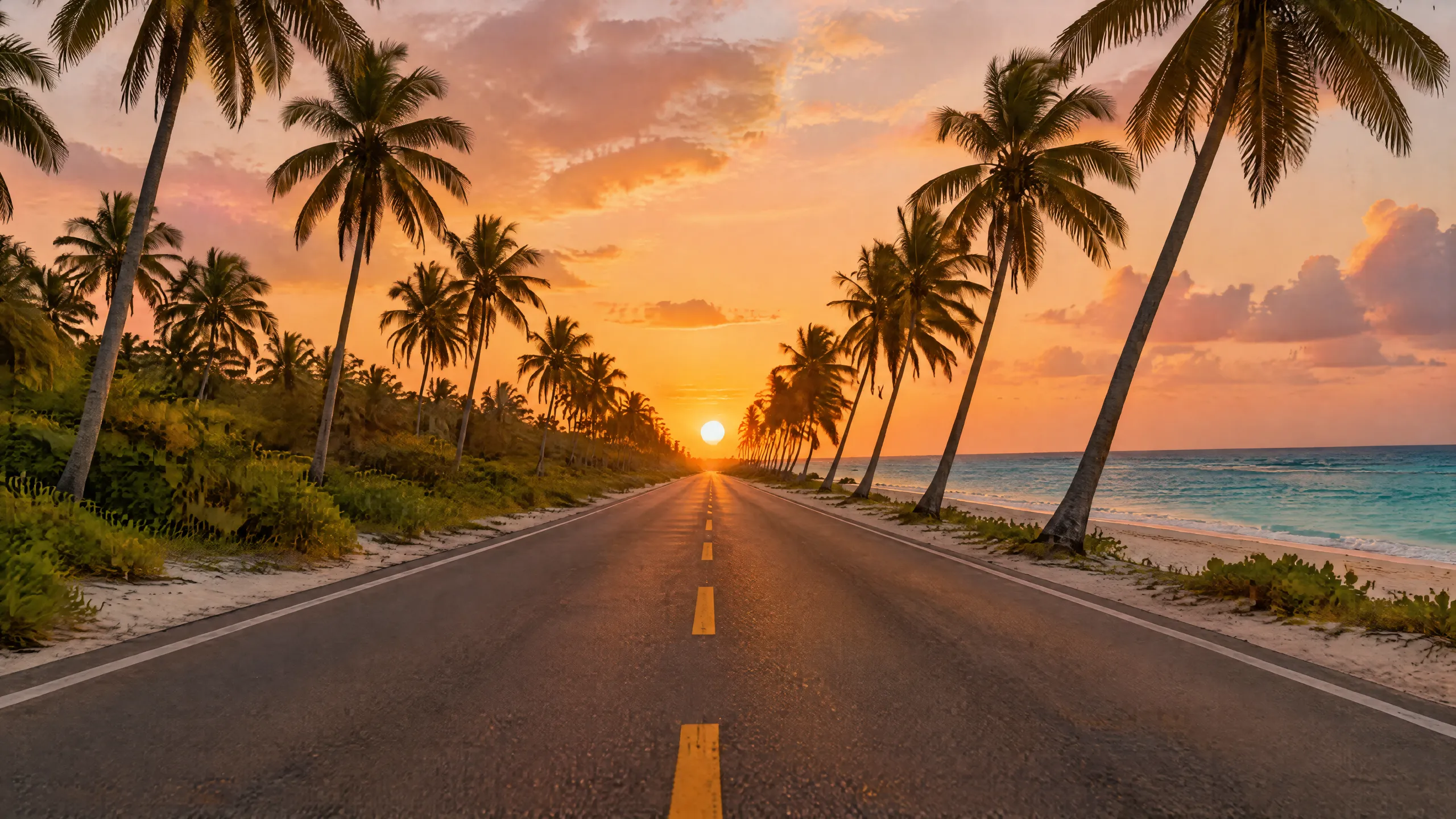 Carretera costera bordeada de palmas al atardecer en Punta Cana
